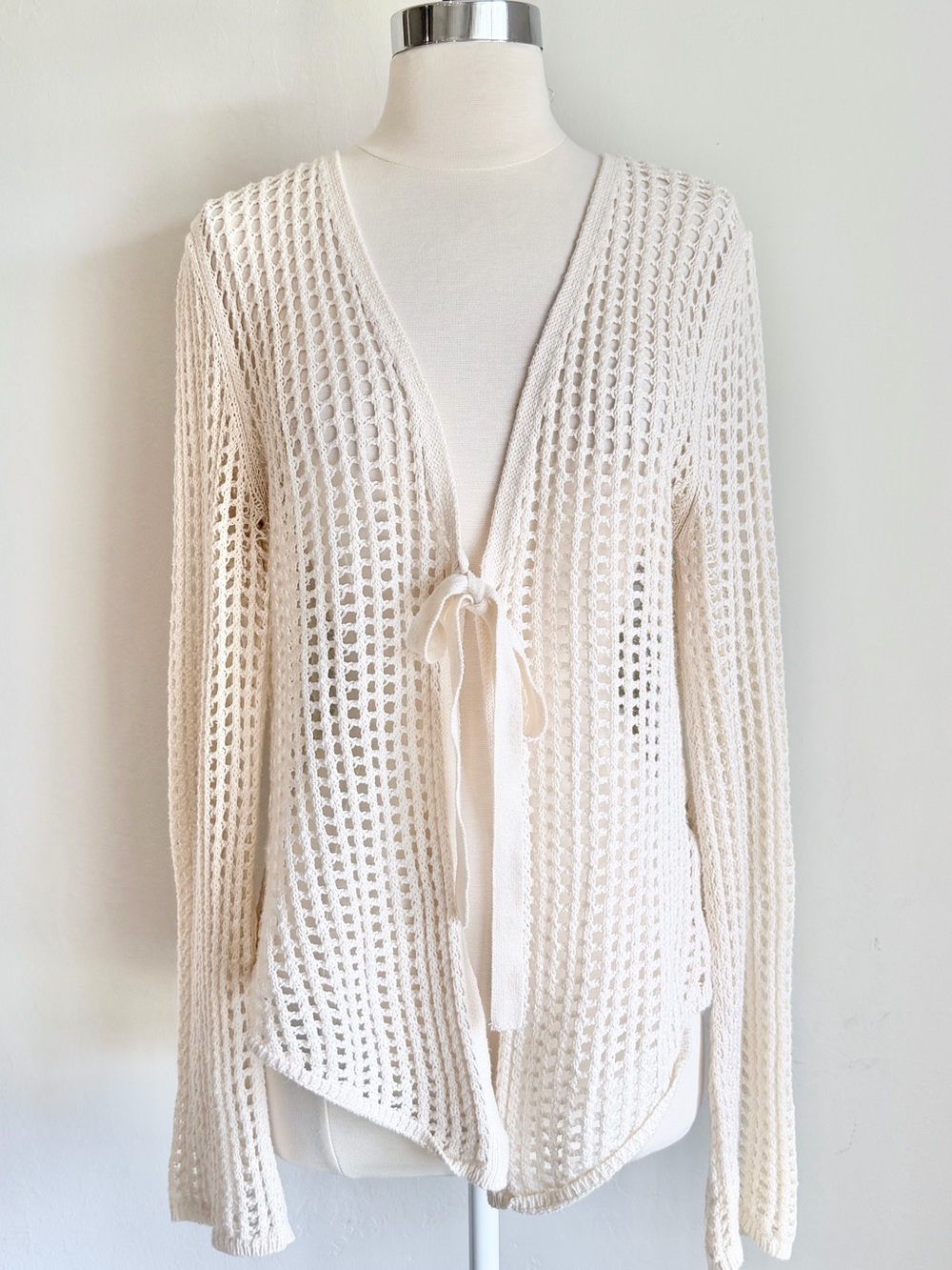 Ecote Crochet Open Weave Tie-Front Cardigan Bell Sleeve Cardigan, Cream Sz Large
